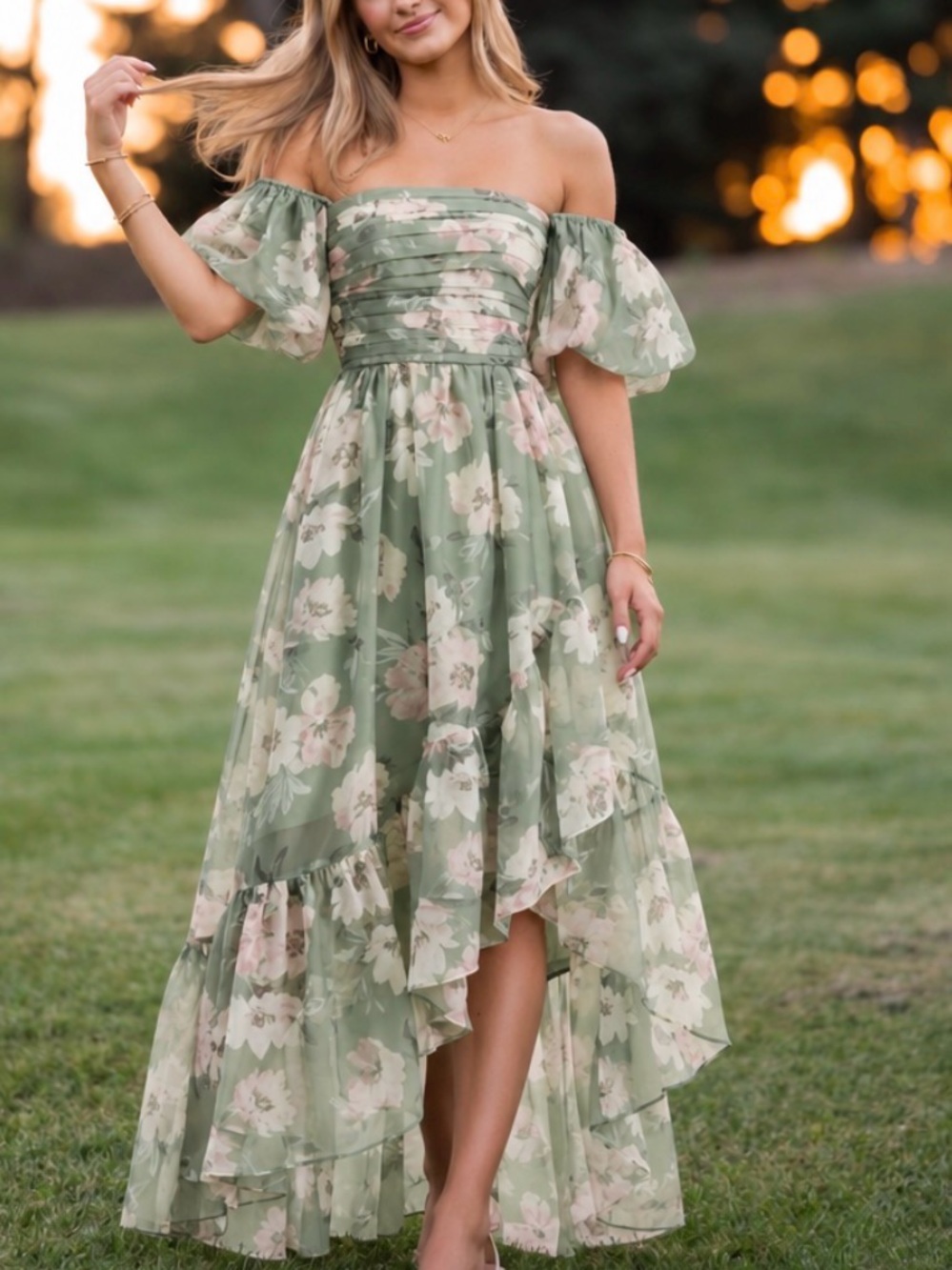 Abercrombie & Fitch Sage Green Floral Off-Shoulder High-Low Maxi Dress